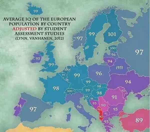 有意思的图：欧洲各个国家的平均智商